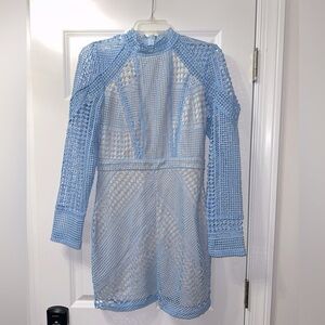 MISSGUIDED Structured High Neck Lace Mini Dress in Light Blue. Size 8